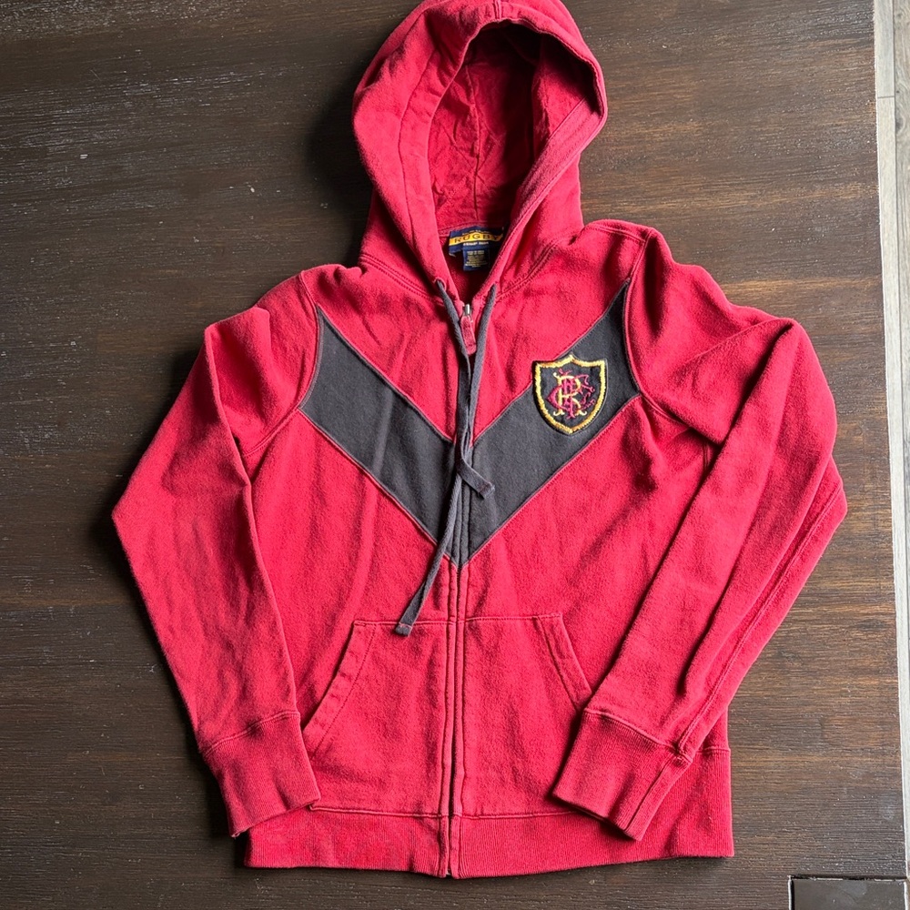 Ralph Lauren Rugby Red Hooded Zip Sweatshirt with Gray Drawstrings